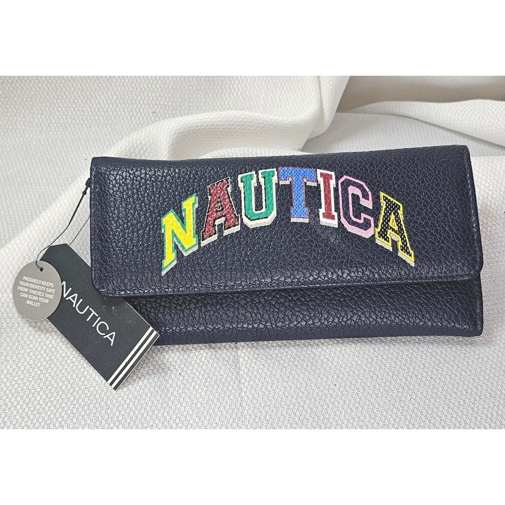 Nautica Navy Blue Sandy Bottom Snap Trifold Wallet RFID Heritage Logo